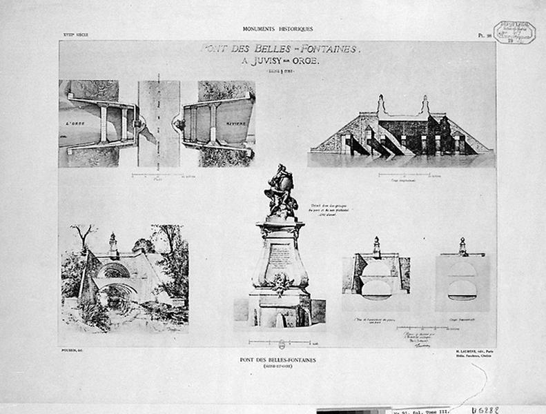 Plan, coupe longitudinale et transversale, vue de l'ouverture du pont, détail d'un des groupes du pont et de son piédestal.