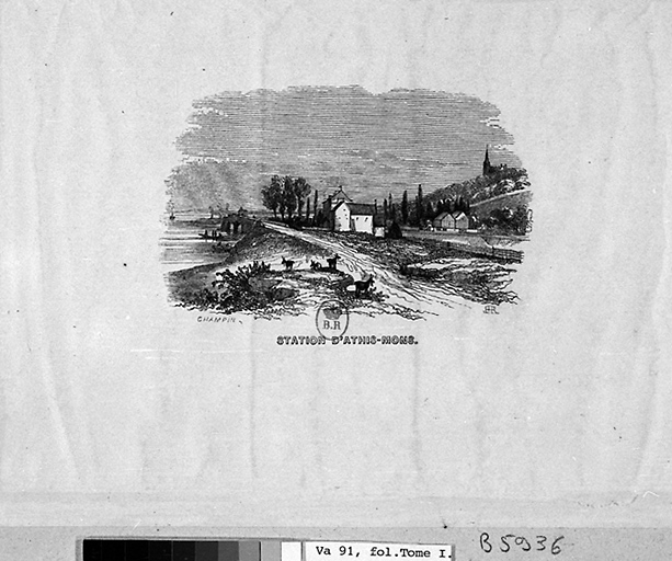 Vue de la gare vers 1850 par Champin. Cette gravure exécutée au tout début du chemin de fer représente de gauche à droite : le chemin de fer, le pont de halage, l'auberge du Petit-Mons, les bâtiments de la station.