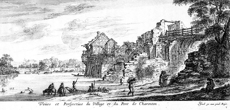 'Veües et perspective du Village et du Pont de charenton', vue d'aval.