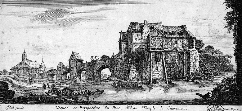 'Veües et perspective du Pont, et du Temple de Charenton' prise du sud-ouest.