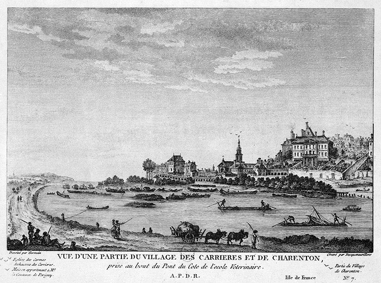 'Vue d'une partie du village des Carrières et de Charenton, prise au bout du pont du côté de l'école de vétérinaire'.