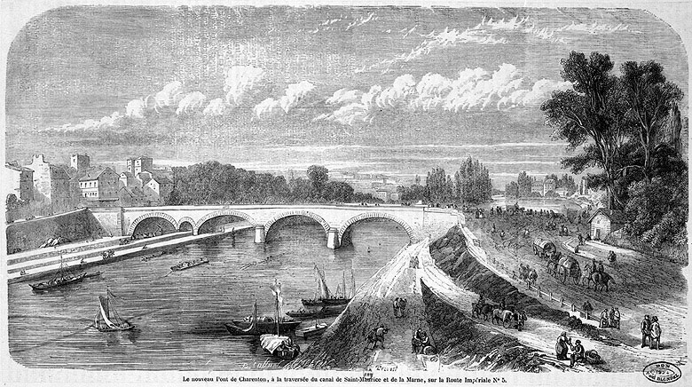 'Le nouveau Pont de Charenton, à la traversée du canal de Saint-Maurice et de la Marne, sur la Route Impériale n°5', vue d'aval.