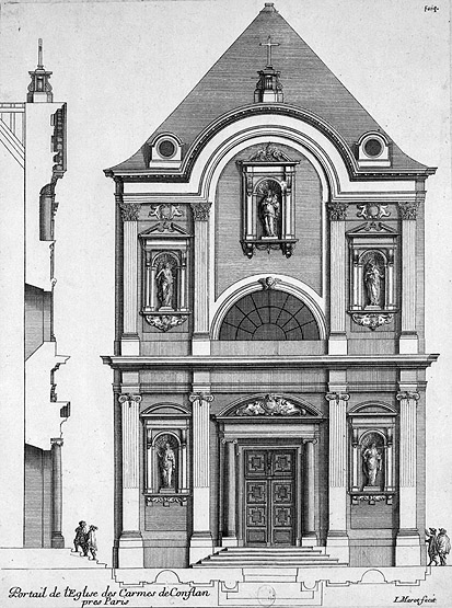 'Portail de l'Eglise de Conflans près Paris'. Coupe et élévation occidentale.