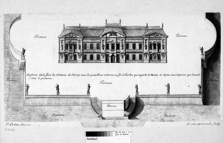 Elévation postérieure et vue perspective de la terrasse avec l'escalier descendant dans les jardins.