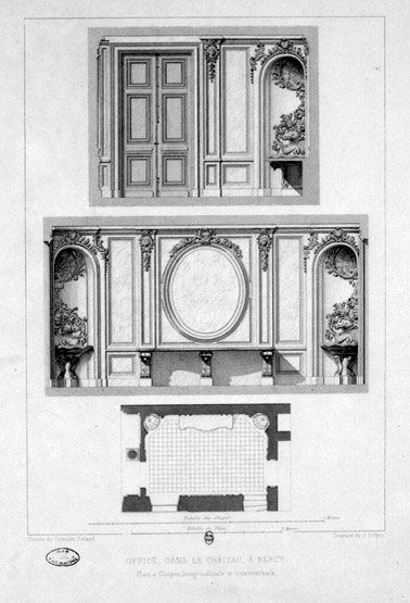 Plan, coupe transversale (en haut) et longitudinale de l'office ou buffet, au rez-de-chaussée.