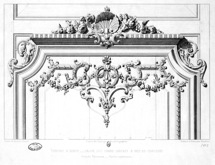 Partie supérieure d'un des panneaux du mur oriental du grand cabinet au rez-de-chaussée.