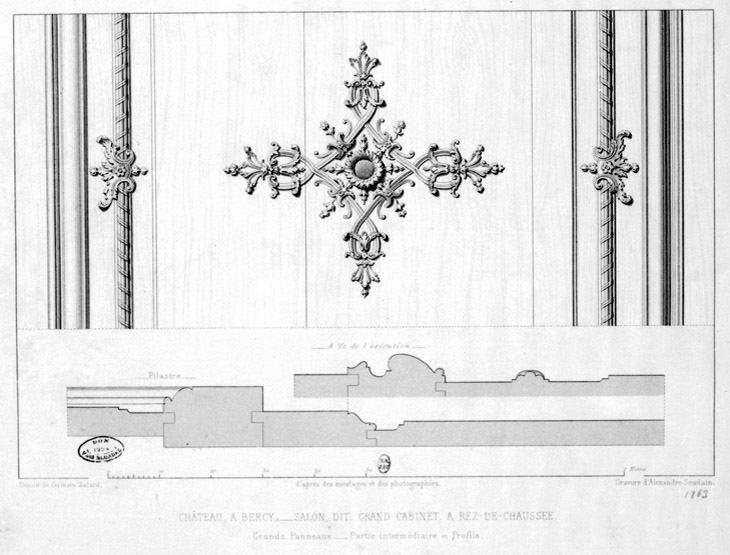 Partie médiane et profils d'un des panneaux du mur oriental du grand cabinet au rez-de-chaussée.