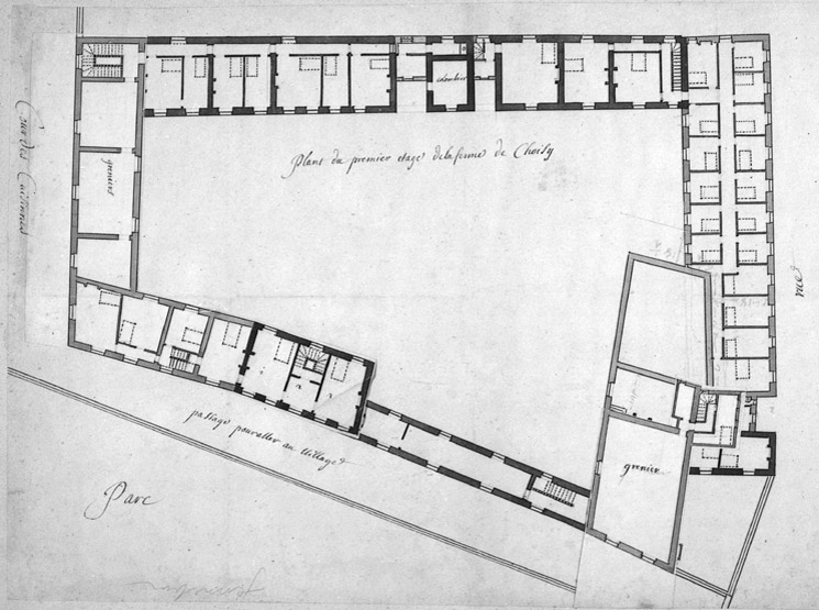 Plan du premier étage de la ferme au temps de la princesse de Conti, au début du 18e siècle.