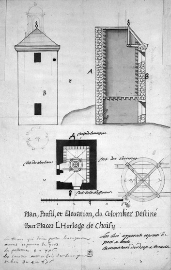 Plan, coupe et élévation du colombier destiné à placer l'horloge de Choisy : deuxième projet ? vers 1695.