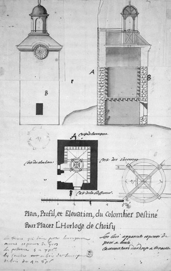 Plan, coupe et élévation du colombier destiné à placer l'horloge de Choisy : premier projet ? vers 1695.