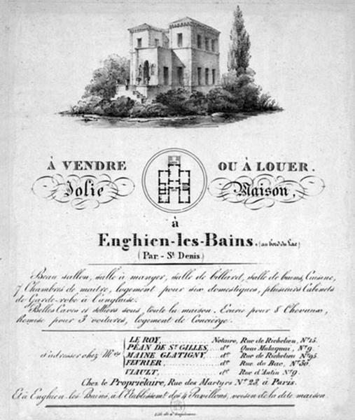 Vue et plan d'une 'jolie maison à vendre ou à louer' voisine de l'établissement des Quatre pavillons. Cet édifice est le premier à avoir été construit sur le site, commandé par le colonel Bro.