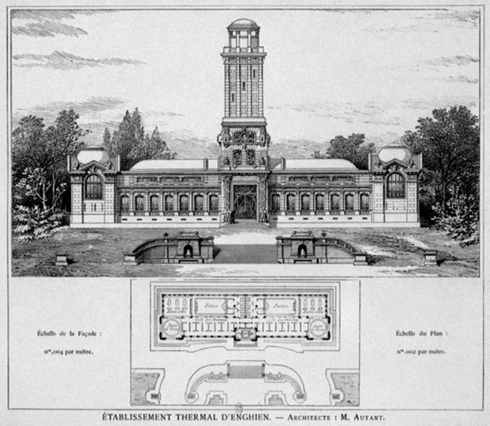 Plan et élévation de l'établissement thermal, construit en 1899-1900 par l'architecte Edmond Autant.