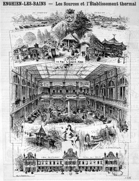 Vue de différents équipements de la station thermale: le lac, le casino, alors bâtiment de petites proportions, le kiosque chinois, le pavillon de la Source du roi Louis XVIII, l'intérieur de la grande salle dite de respiration du nouveau bâtiment de 1864 et la façade de l'ancien bâtiment thermal affecté au restaurant et à l'Hôtel des Bains.
