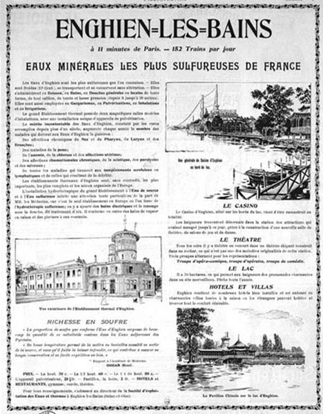 Prospectus publicitaire sur les qualités des cures thermales d'Enghien. Y figurent l'établissement thermal, le tout nouveau casino en forme de navire, le pavillon chinois.