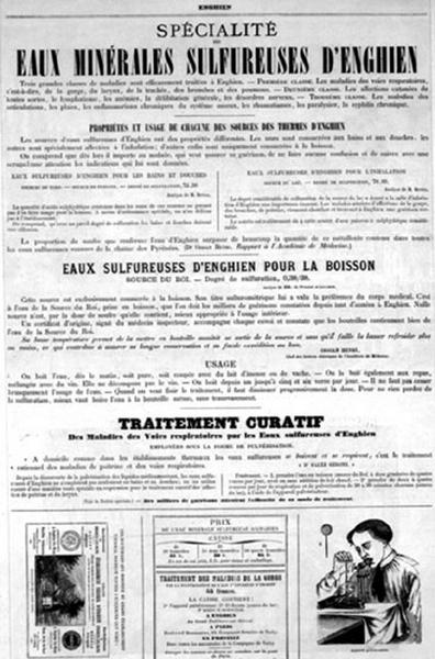 Prospectus publicitaire pour les eaux d'Enghien et leurs différentes propriétés. En bas à gauche, figure l'étiquette qui était apposée sur les bouteilles d'eau thermale d'Enghien.