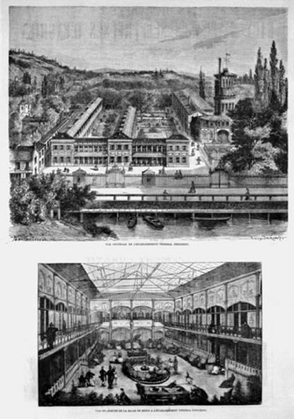Vue cavalière de l'ensemble de l'établissement thermal après les travaux engagés en 1863-1864 pour Albert de Montry. Vue intérieure de la nouvelle salle de repos dite aussi 'grande salle de respiration' : les curistes y inhalaient les émanations de la source sulfureuse qui jaillissait au centre de la salle. Cette salle était située dans les bâtiments disposés dans le jardin, à l'arrière de la grande tour du réservoir. Elle était abondamment éclairée par une couverture de métal et de verre.
