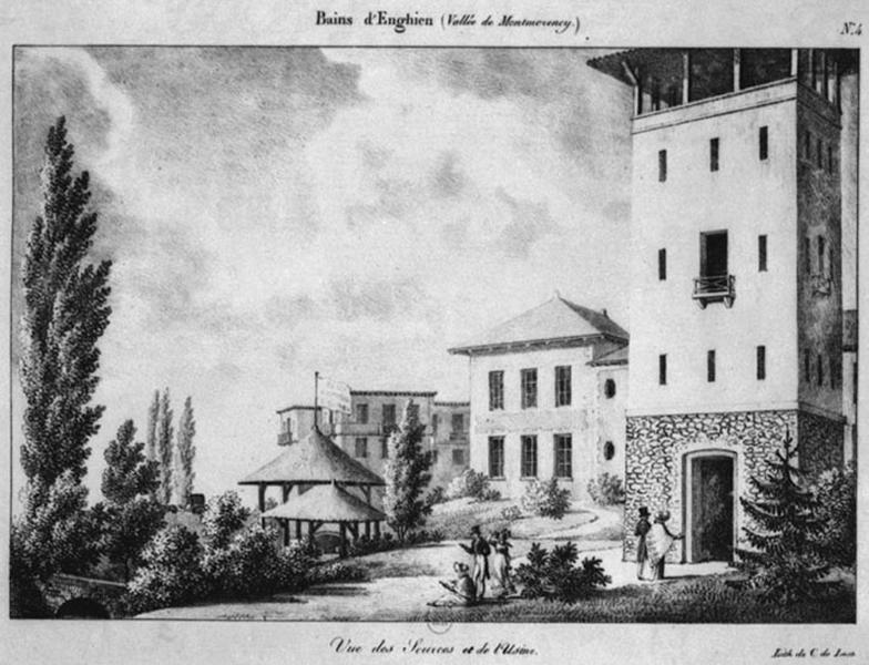 Vue des sources et de 'l'usine' des bains d'Enghien : au premier plan figure la tour réservoir dans sa première version.