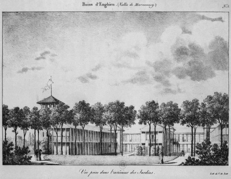 Vue du premier établissement thermal d'Enghien prise depuis l'intérieur des jardins.