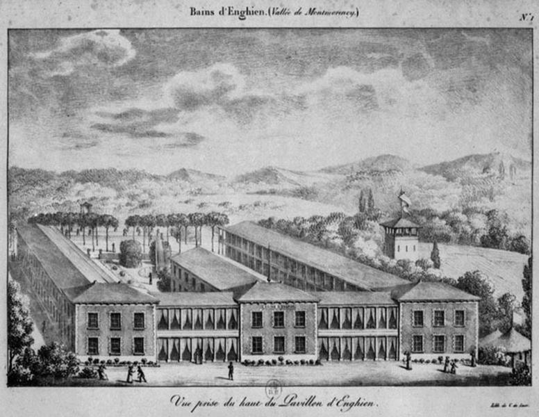 Vue cavalière du premier établissement thermal d'Enghien, dit 'Bains d'Enghien' prise depuis 'le haut du pavillon d'Enghien'.