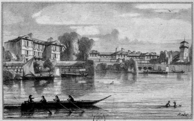 Vue depuis le lac des établissements thermaux et de l'hôtel des Quatre Pavillons.