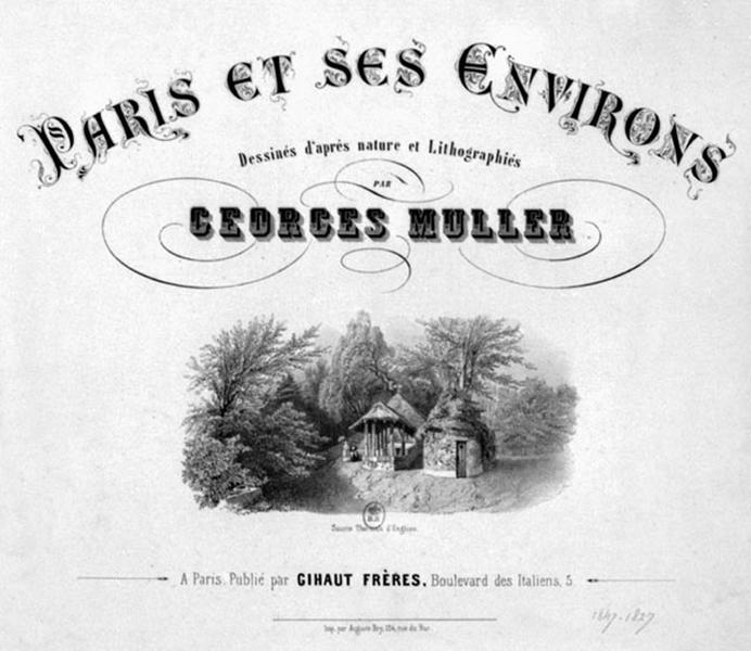 Page de couverture de l'ouvrage 'Paris et ses environs' figurant les différents pavillons de sources d'Enghien-les-Bains : source du Roy ou Cotte et source Deyeux à gauche, source Péligot ou de la rotonde à droite.