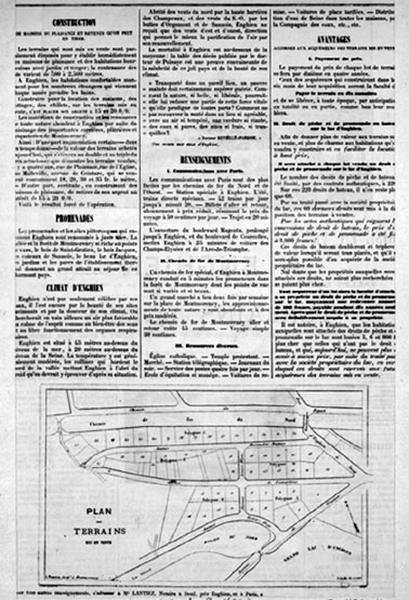 Document de mise en adjudication de terrains boisés à lotir pour des 'maisons de plaisance' à Enghien-les-Bains, entre le chemin de fer et le lac par le notaire de Deuil, maître Lantiez. Milieu 19e siècle. Dans la partie inférieure du document figure le plan du lotissement. Dans la réalité administrative actuelle, ce lotissement se trouve sur la commune voisine de Soisy.