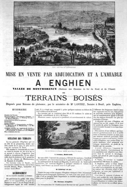 Document de mise en adjudication de terrains boisés à lotir pour des 'maisons de plaisance' à Enghien-les-Bains, entre le chemin de fer et le lac par le notaire de Deuil, maître Lantiez. Milieu 19e siècle. Vue cavalière de la ville et du lac et gravure de la maison de la princesse Mathilde sur le lac.