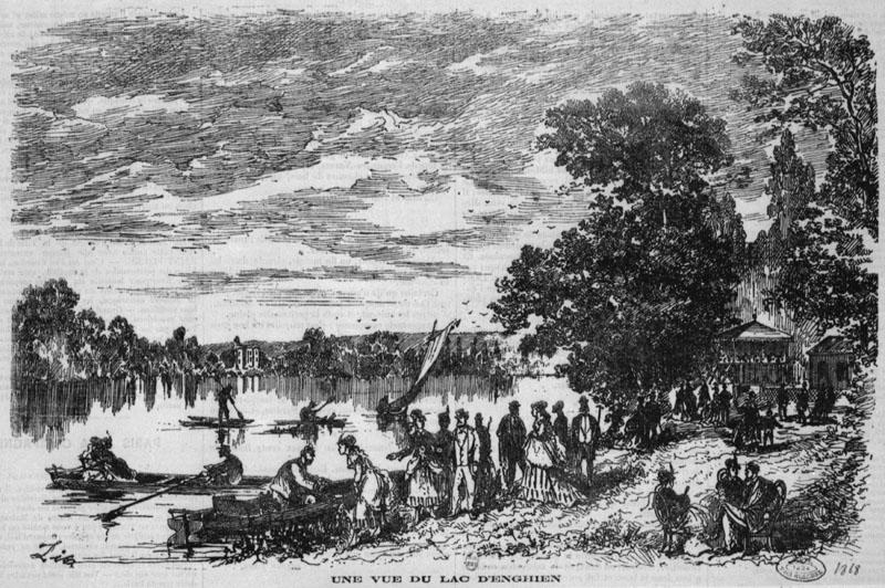 Vue du lac d'Enghien. Au premier plan, des promeneurs dans le jardin des roses.