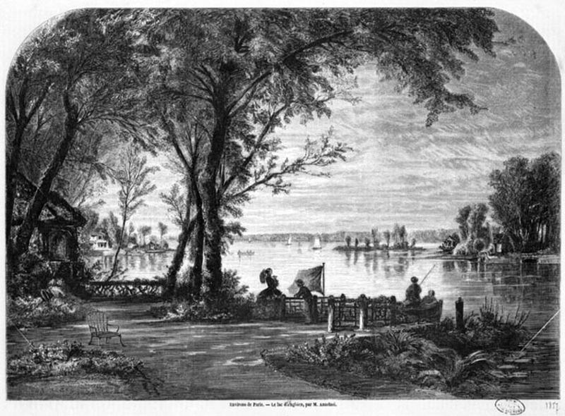 Vue du lac d'Enghien en 1857. Au premier plan des promeneurs dans un jardin.