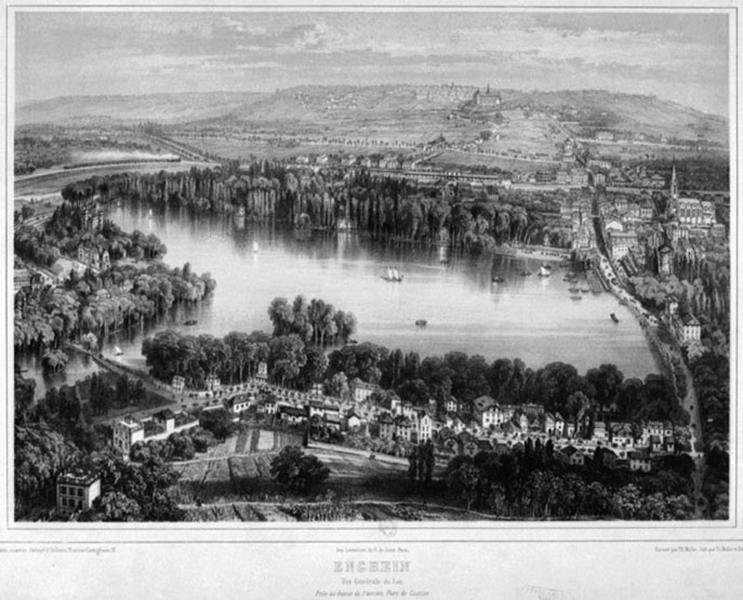 Vue cavalière du lac et de la ville d'Enghien-les-Bains.