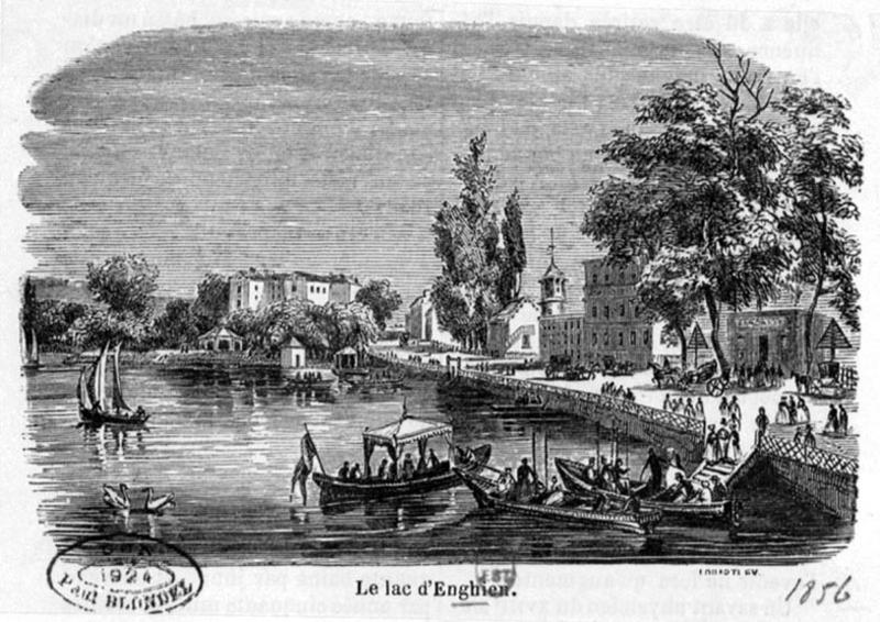 Vue de la jetée du lac d'Enghien vers les établissements de bains.