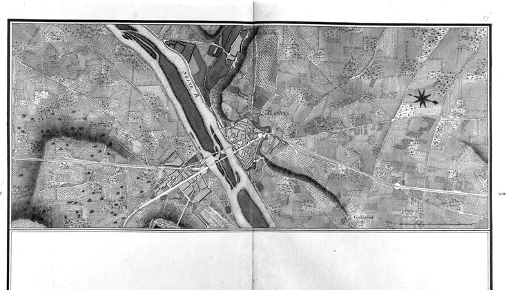 Atlas de Trudaine - XVIIIe siècle ; généralité de Paris - vol. V - Versailles I". Vue d'ensemble de la feuille de l'atlas concernant Mantes et Limay. (AN Paris. CP/F/14/8447). Dessin aquarellé.
