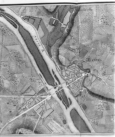 Atlas de Trudaine - XVIIIe siècle ; généralité de Paris - vol. V - Versailles I". Détail de la feuille de l'atlas concernant Mantes et Limay. (AN Paris. CP/F/14/8447). Dessin aquarellé.
