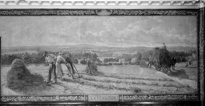 Vue d'ensemble du tableau La Fenaison, peint par Henry Delacroix, 1909.