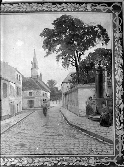 Détail représentant la rue Jean-Jaurès avec la fontaine Bronzac, peint par Henry Delacroix.