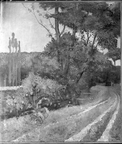 Détail représentant les bords de la Bièvre, peint par Parenty, 1908.