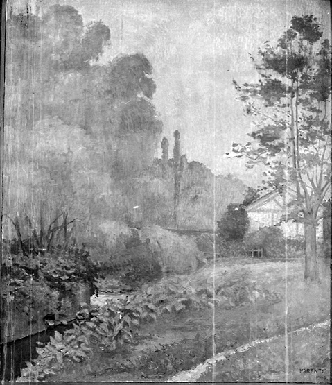 Détail représentant les bords de la Bièvre, peint par Parenty, 1908.