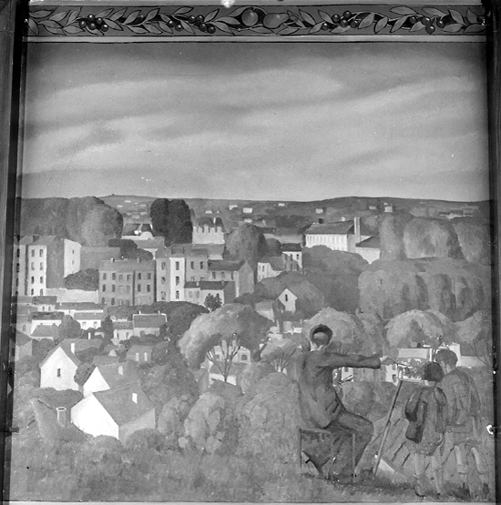 2 peintures monumentales : vue d'Arcueil, sortie de l'école
