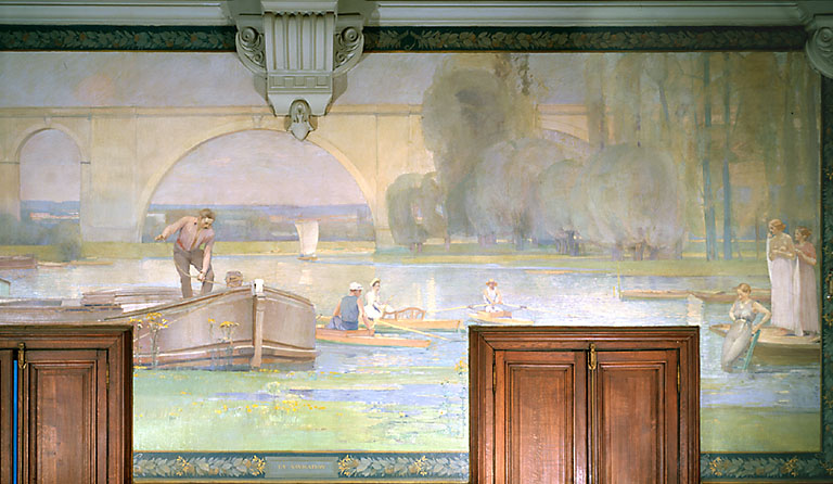 5 peintures murales : Repos (le), navigation (la), jeunesse (la), inauguration d'un monument aux morts, labourage (le), villégiature (la)