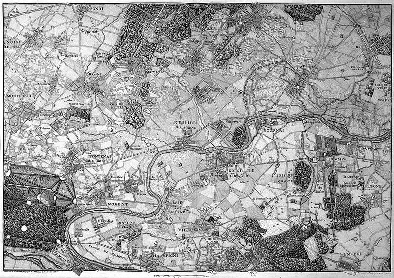 Carte de Delagrive rassemblant 4 villes: Noisy-le-Sec (93), Brou sur Chantereine (77), Bois de Vincennes (75), Emerainville (château) (77). Ensemble.