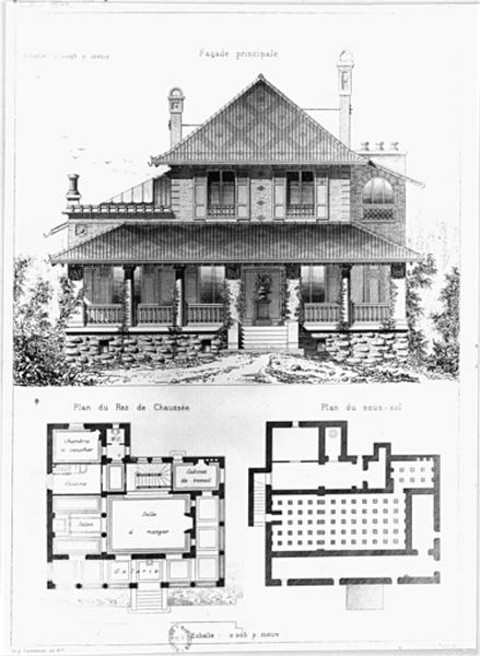 Plan et élévation d'une maison, non localisée 'à deux pas' du monument aux morts de la guerre de 1870.