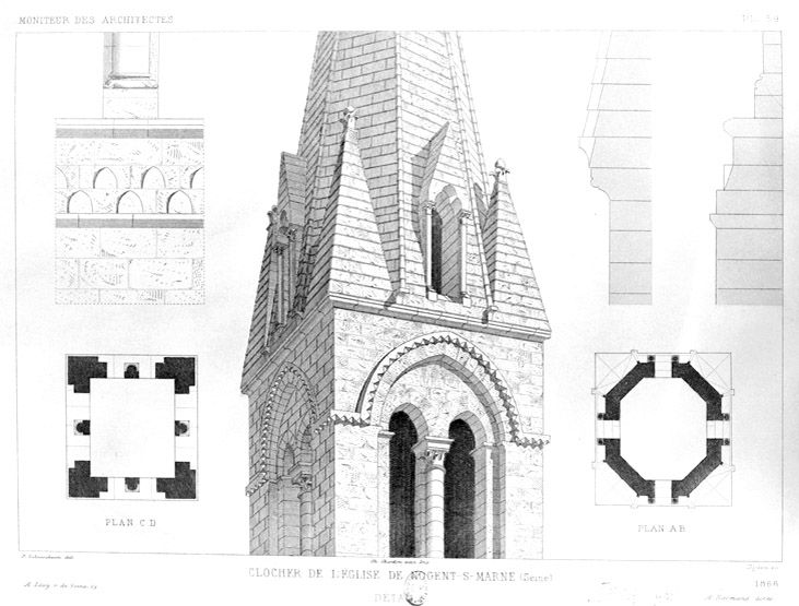 Plans, élévation perspective partielle et détails du clocher.