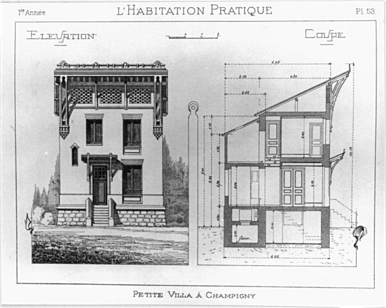 Coupe et élévation d'une maison non localisée.