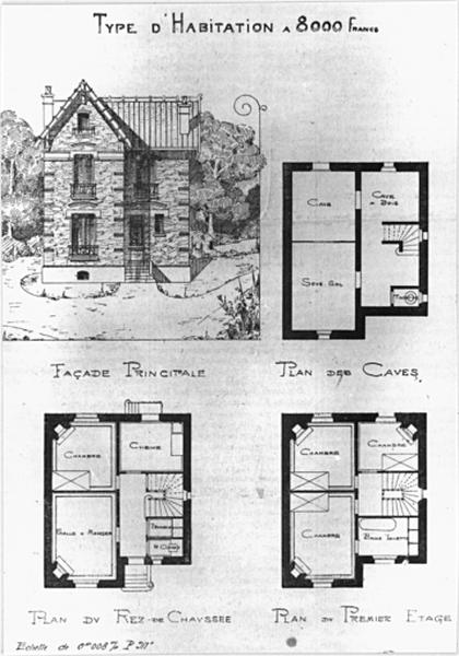Plan et élévation antérieure d'une maison projetée à l'angle des avenues du Mesnil et des Platanes : maison démolie ou non réalisée.
