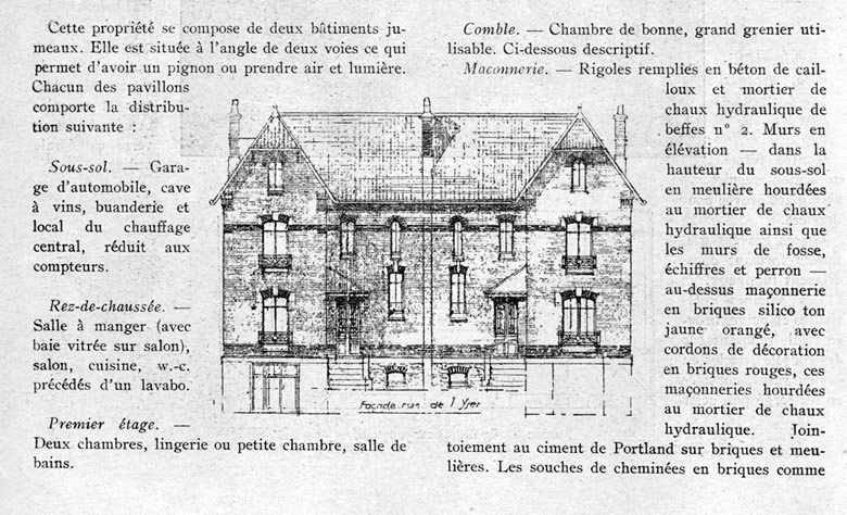 Elévation antérieure des maisons jumelles construites par les architectes Giron et Valis.