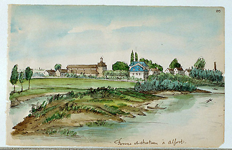 Ferme du château : aquarelle d'Albert Capaul, vers 1890.