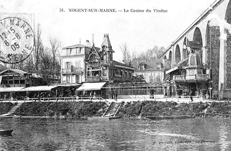 Vue du casino sur les bords de Marne, en aval du viaduc. Bâtiments aujourd'hui démolis.