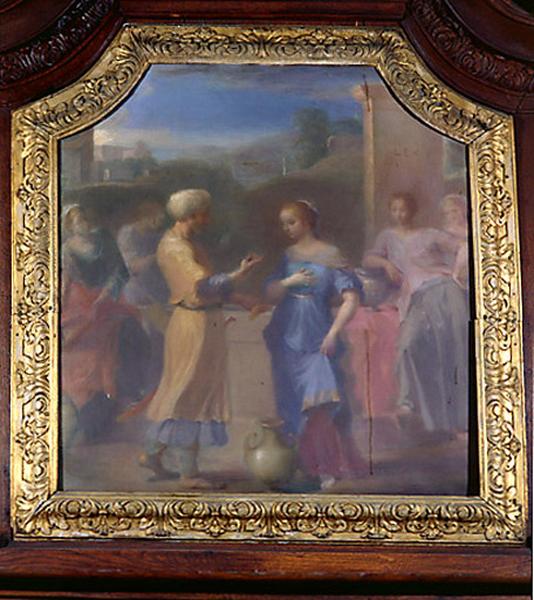 Détail : peinture encastrée dans la hotte, représentant Eliézer et Rébecca, d'après Poussin.