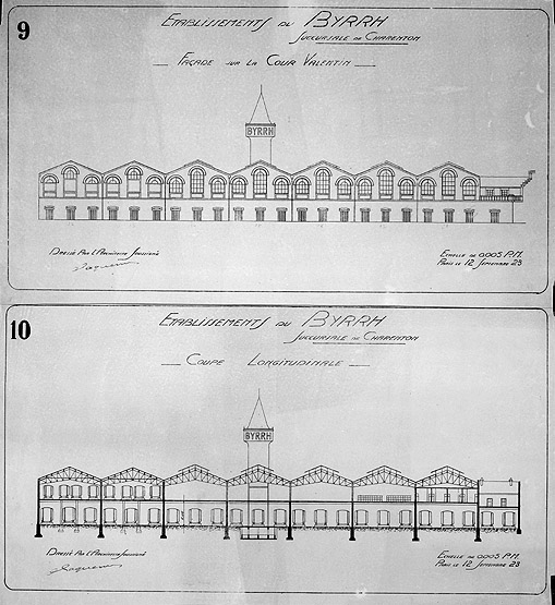 Coupe et élévation des chais sur la cour Valentin : projet.