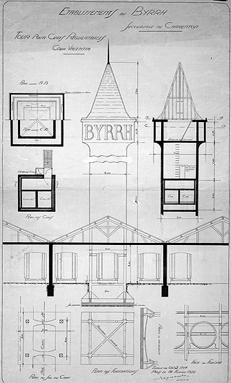 Plan, coupes, élévation, détail de la tour : projet.